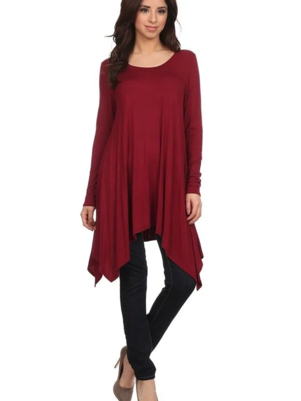 Solid Long Sleeve Relaxed Fit Round Neck Tunic  - Burgundy